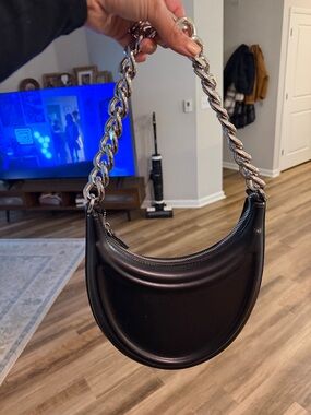 Zara Black Crescent Mini Bag with Silver Chain